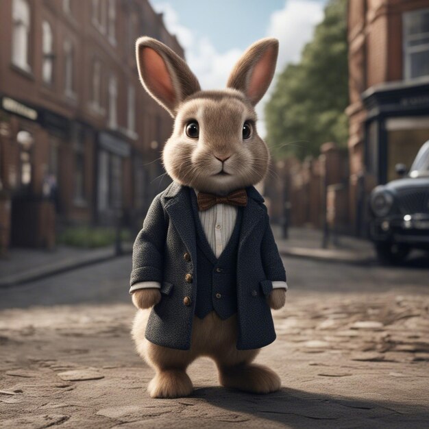 Foto il simpatico coniglio in abito è in piedi sulla strada