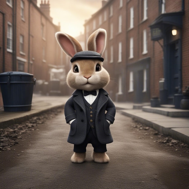 Cute rabbit in a suit is standing on the street