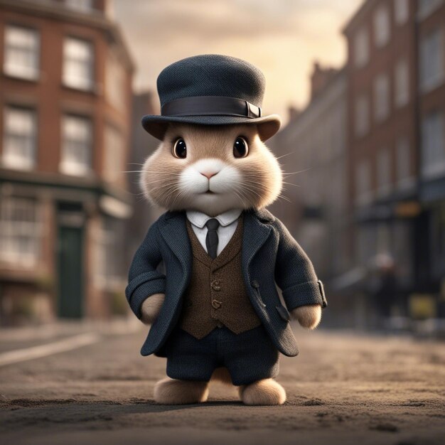 Cute rabbit in a suit is standing on the street