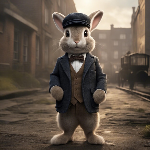 Foto il simpatico coniglio in giacca e cravatta è in piedi sulla strada
