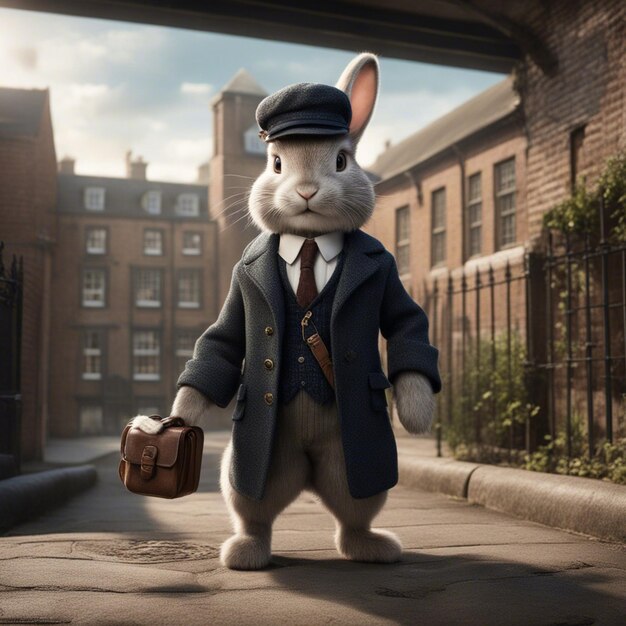 Photo cute rabbit in a suit is standing on the street