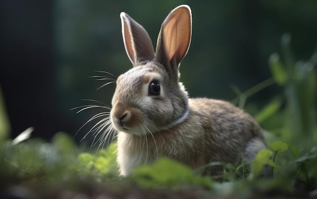 Создан милый кролик в солнечном поле с травой и цветами