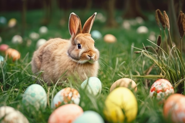 Cute rabbit surrounded by colorful Easter eggs in a green field Generative AI