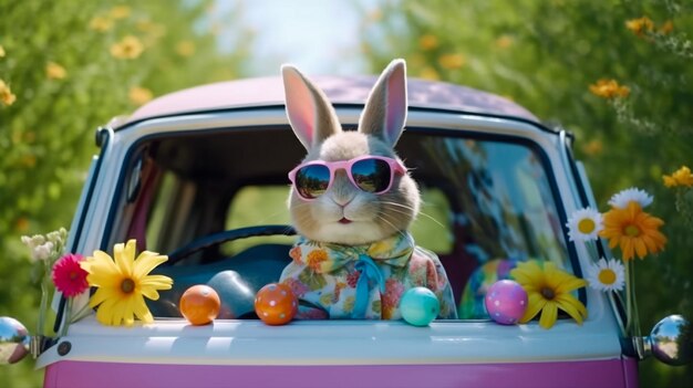 Foto giocattolo di coniglio carino e uova di pasqua dipinte a colori sulla spiaggia sotto il sole profondità di campo poco profonda