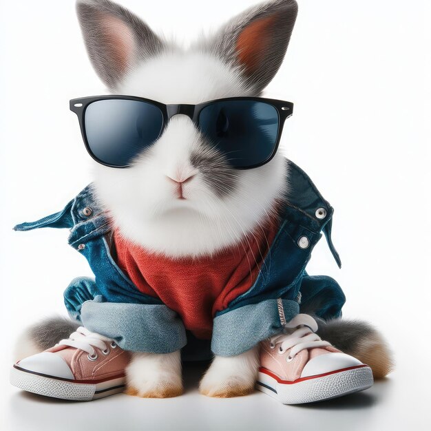 A cute rabbit wearing sunglasses isolated on a white background