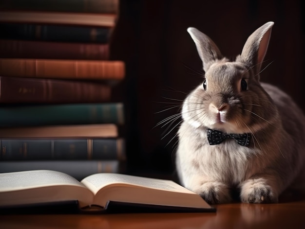 도서관에서 취침 이야기에 관한 책을 들고 있는 귀여운 토끼