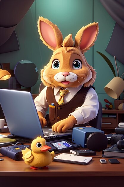 Cute rabbit with duck working on laptop cartoon illustration