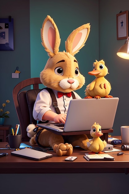 Cute rabbit with duck working on laptop cartoon illustration