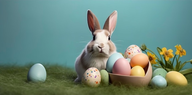 Cute rabbit with fancy Easter Eggs on grass Generative Ai