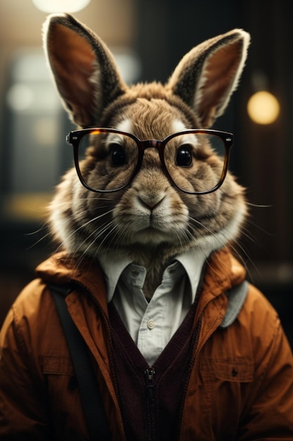 Фото Милый кролик с очками и бабочкой в темной комнате