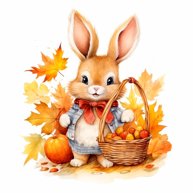 スカーフをかぶった可愛いウサギが水彩で描かれた秋の葉の森でバスケットを運びます