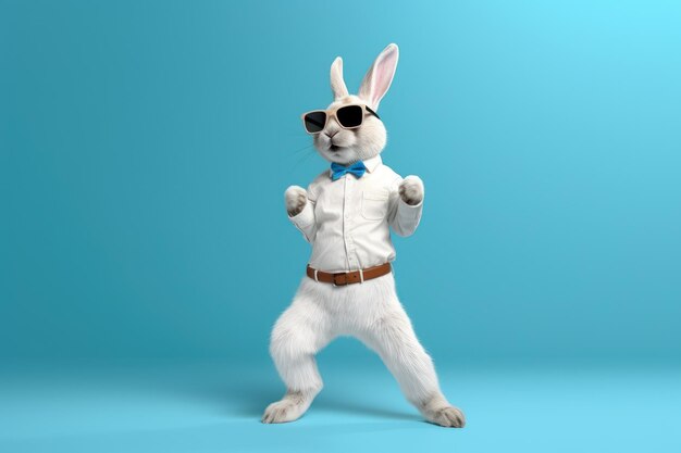 Cute rabbit with sunglasses dancing isolated on blue background Generative AI