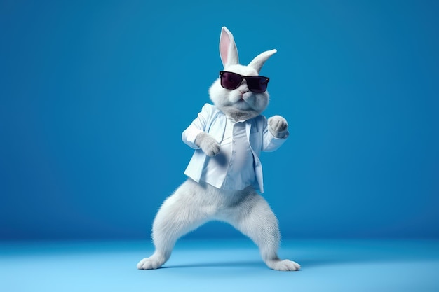 사진 파란색 배경에 고립되어 춤을 추는 선글라스를 쓴 귀여운 토끼 generative ai