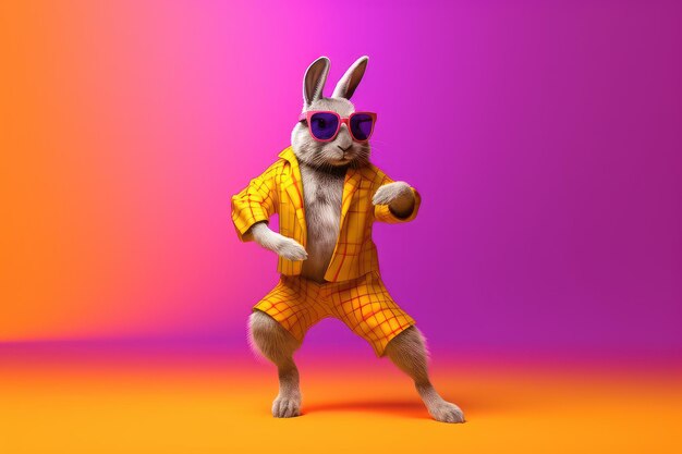 보라색 배경에 고립되어 춤을 추는 선글라스를 쓴 귀여운 토끼 Generative AI