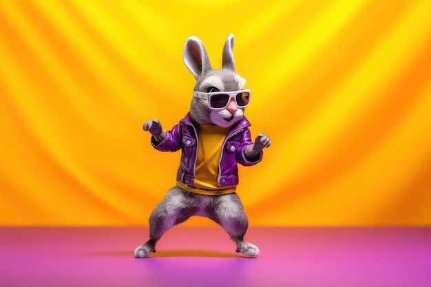 Cute rabbit with sunglasses dancing isolated on yellow background Generative AI