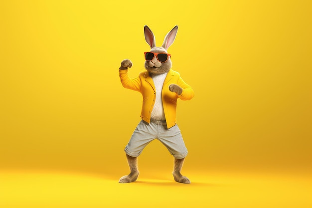 Cute rabbit with sunglasses dancing isolated on yellow background Generative AI