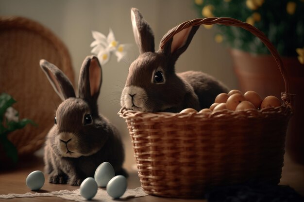 Cute Rabbits Gathering Around an Easter Basket Filled with Chocolate Egg AI generative