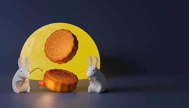 Cute Rabiit and moon cake Chinese Mid Autumn festival Mid Autumn 3d render