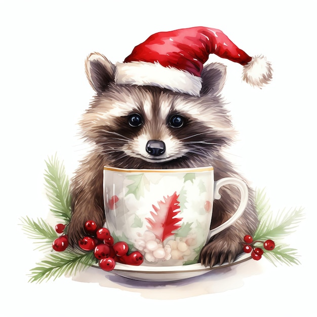 Cute raccoon christmas holiday fantasy tea party watercolor