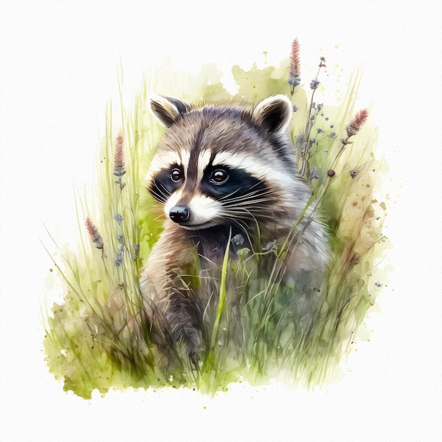 Cute raccoon is sitting in field among wildflowers and grass Watercolor illustration