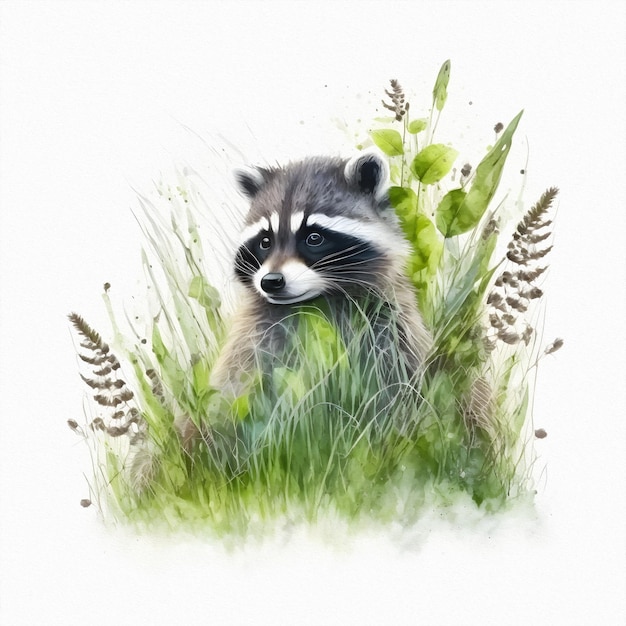 Cute raccoon is sitting in field among wildflowers and grass Watercolor illustration