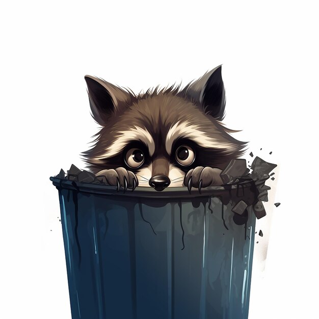 Photo cute raccoon peeking out of a trash can