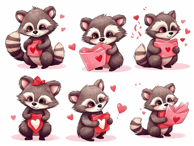Фото cute raccoon set смешный животный мультфильм персонаж в день святого валентина ситуация иллюстрация на изолированном белом фоне