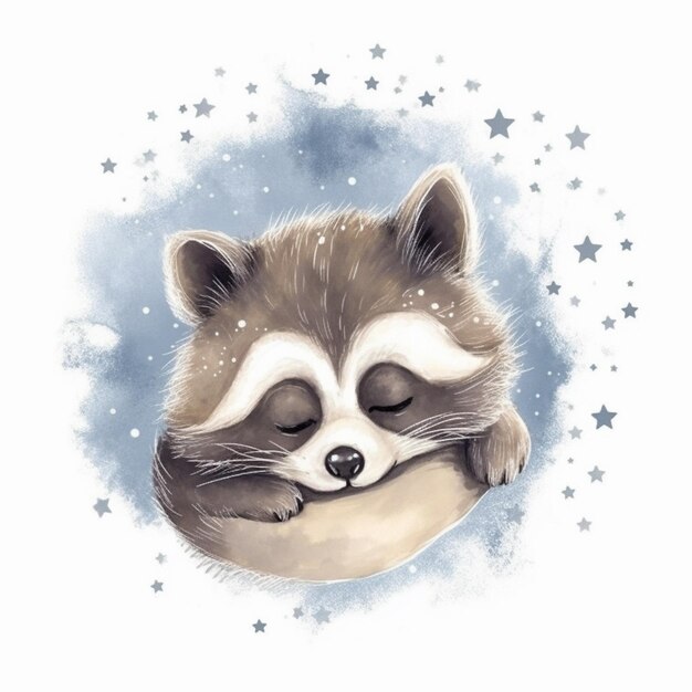 A cute raccoon sleeping on a white background.