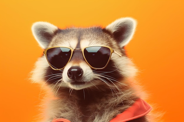 Photo cute raccoon in sunglasses on orange background generative ai