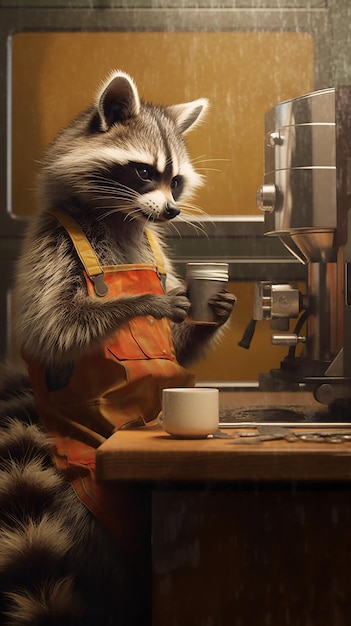 Cute raccoon wearing clothes drinking coffee in the pantry He is holding a cup of coffee Cartoon