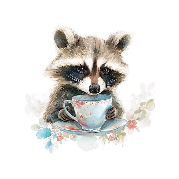 Cute raccoon with a cup of tea Watercolor illustration