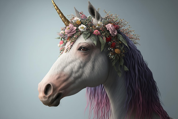 cute rainbow pegasus unicorn,with a flower crown and Rainbow colors Hair ,Generative ai