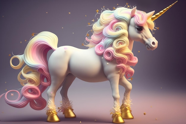 Foto simpatico unicorno arcobaleno, capelli dai colori arcobaleno, unicorno magico fantasy, ai generativo