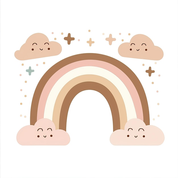 Cute rainbow with clouds and stars Childish vector illustration