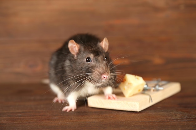 Милая крыса и мышеловка с сыром на деревянном фоне