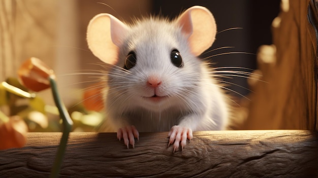 Photo cute rat with big eyes on wooden railing unreal engine 5 8k