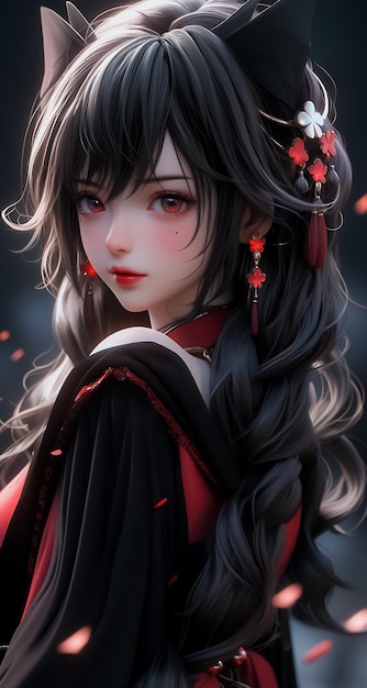 Cute Realistic 3D cartoon Girl with Long Hair in Red black Japanese Outfit Manga StyleAi Generated