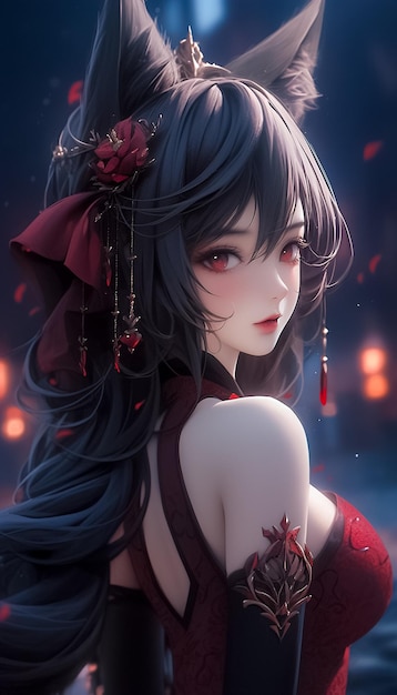 Симпатичная реалистичная 3D мультяшная девушка с длинными волосами в красно-черном японском наряде Сгенерировано в стиле мангаAi