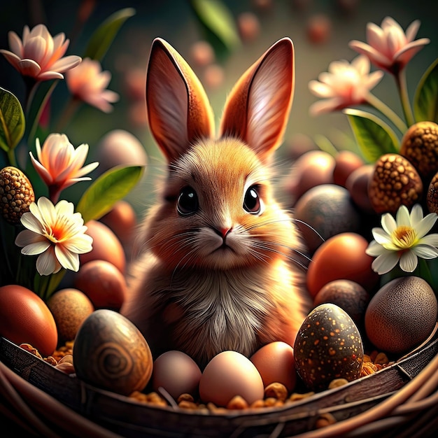 Милый реалистичный пушистый кролик, окруженный яйцами и цветами, сидящий в гнезде.