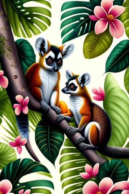 Cute realistic lemurs on a tree in a tropical jungle full of exotic flowers and leaves