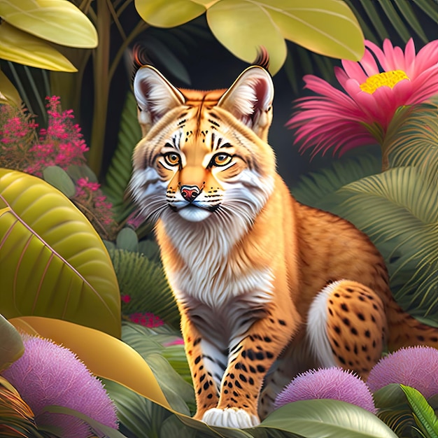 cute realistic lynx on tropical jungle full of exotic flowers and leaves