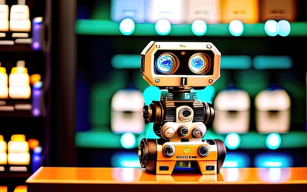 Симпатичный реалистичный робот-помощник на прилавке магазина, помощник чат-бота в интернет-магазинах