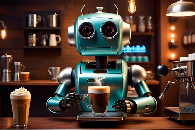 Cute realistic robot barista working in a coffee shop d high quality illustration