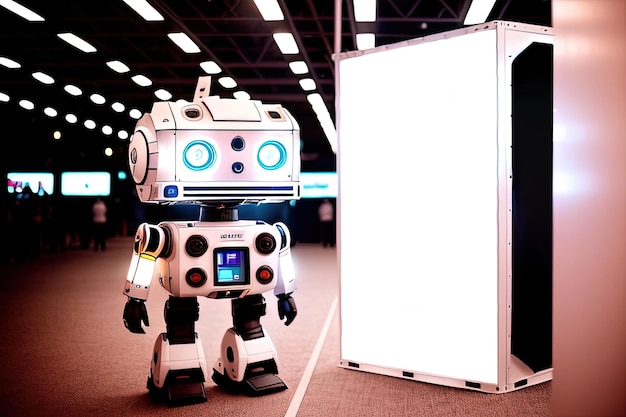 写真 広告スタンドの近くの展示会に、完全に成長したかわいい現実的なロボットが立っています