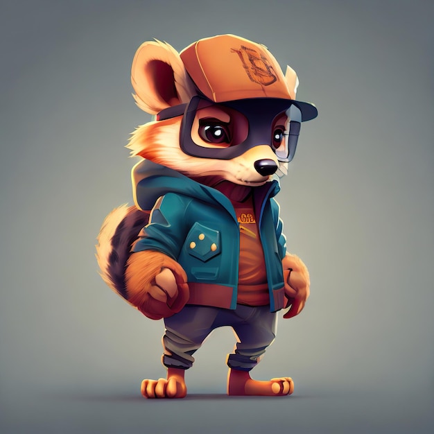 Cute reccoon character with aesthetic streetwear clothes outfit whit cap