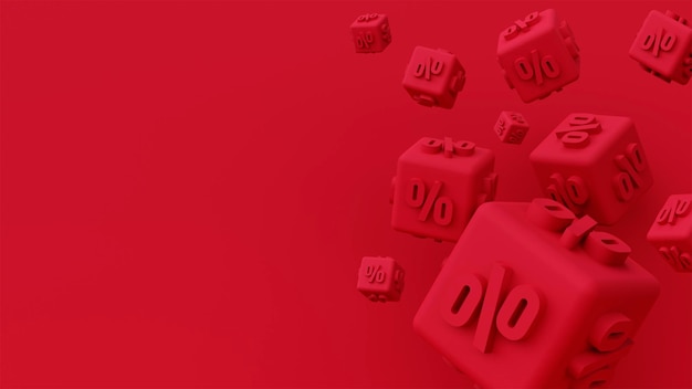 Photo cute red background with 3d rendered cubes with percentages for your sales