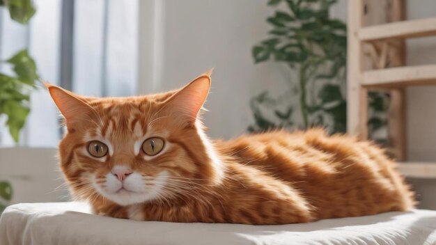 A cute red cat lies on white wooden cat furniture