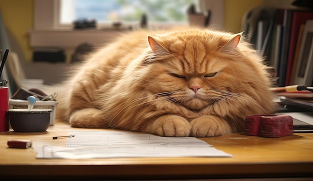 милый рыжий кот лежит на столе в стиле гигантского масштаба