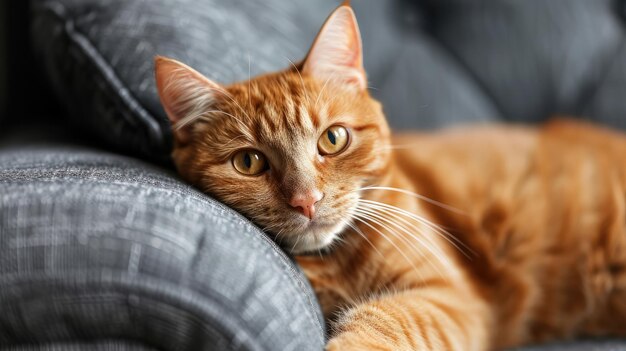 Cute red cat lying in grey armchair at home