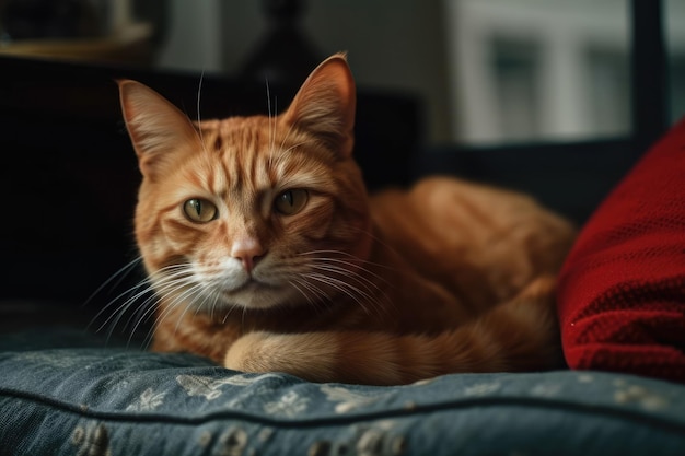 Cute red cat lying on pillows in living room